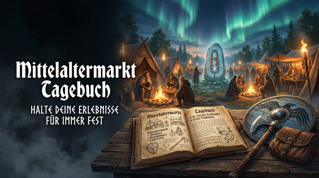 Episches Banner eines Mittelaltermarkt-Tagebuchs mit Wikinger-Schild, Axt und geöffnetem Notizbuch unter Nordlichtern.