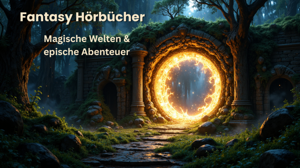 Fantasy Hörbücher – Magische Welt mit leuchtendem Portal und geheimnisvoller Atmosphäre