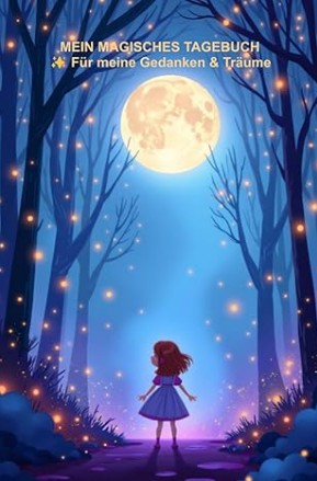 mädchen steht unter mondlicht im wald mit leuchtenden lichtern als symbol für träume fantasie und persönliche gedanken