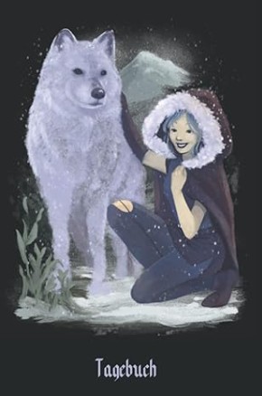Mädchen mit weißem Wolf und winterlicher Fantasy Szene