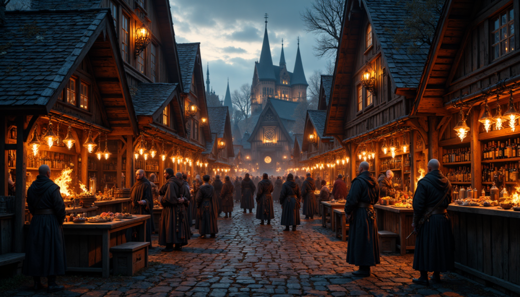 Mittelaltermarkt mit Wikinger Lager Feuer und Ständen