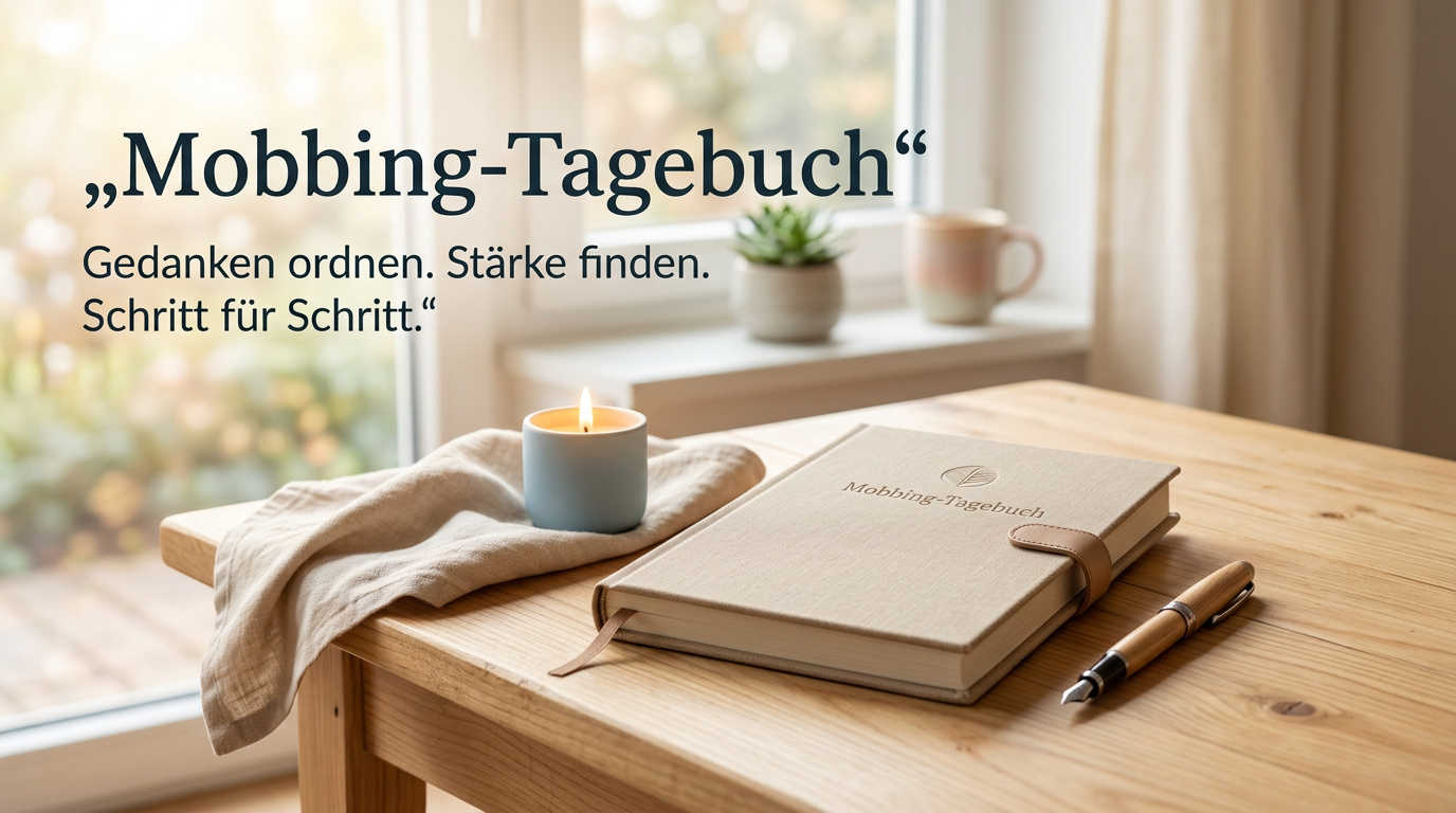 Ruhiges Hero-Banner eines Mobbing-Tagebuchs mit Tagebuch auf Holztisch in sanftem Licht, Symbol für Selbststärkung und Reflexion.