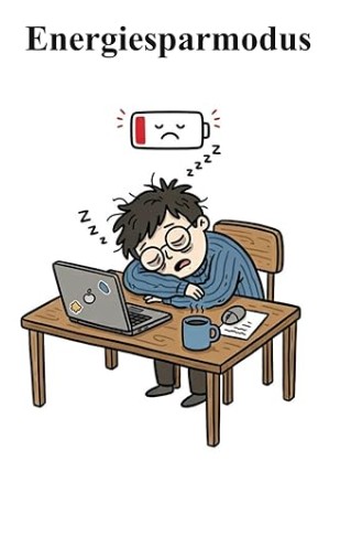Lustiges Notizbuch Büro Energiesparmodus müder Mitarbeiter schläft am Schreibtisch Laptop Kaffee Humor Geschenk