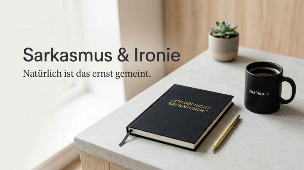 Modernes Hero-Bild mit schwarzem Notizbuch und ironischer Aufschrift auf minimalistischem Schreibtisch.