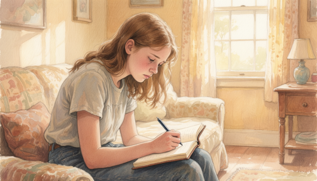 Mädchen schreibt ihre Gedanken und Gefühle in ein Tagebuch