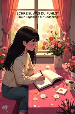mädchen sitzt am fenster und schreibt gedanken in ein tagebuch umgeben von blumen in warmer ruhiger atmosphäre