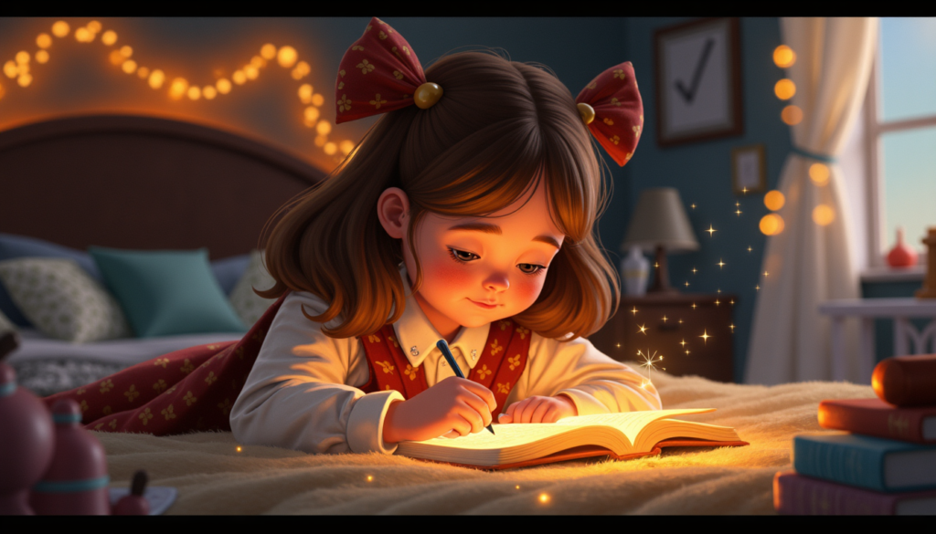 Mädchen reflektiert ihre Gefühle in ein leuchtendes Notizbuch in einer ruhigen gemütlichen Umgebung