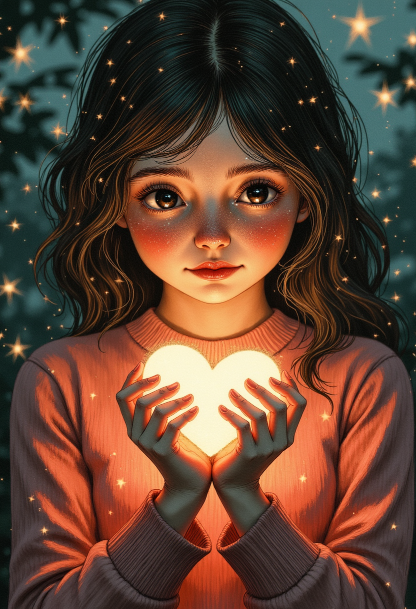 mädchen mit leuchtendem herz in den händen als symbol für gefühle liebe und persönliche gedanken in ruhiger stimmung