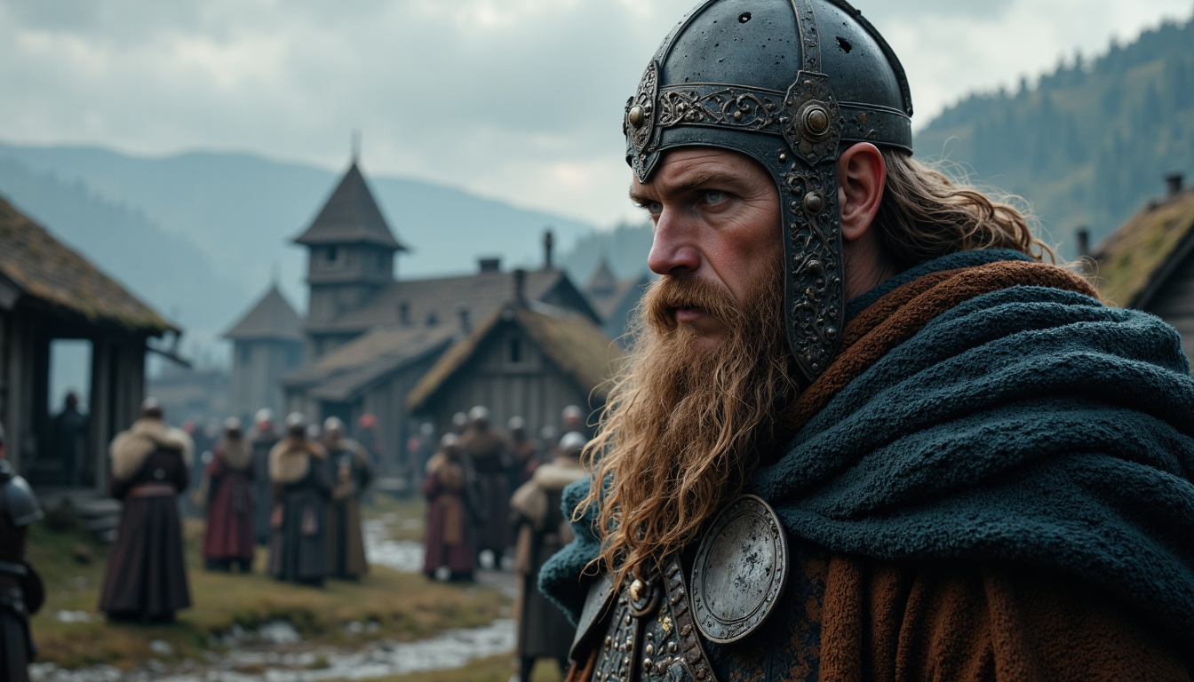 Wikinger Krieger mit Helm ohne Hörner authentisch dargestellt