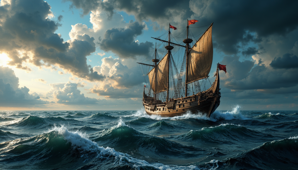 Wikinger Langschiff auf dem Meer bei rauer See