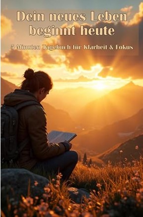 Cover des Tagebuchs Dein neues Leben beginnt heute für Klarheit und Fokus mit Berglandschaft bei Sonnenaufgang