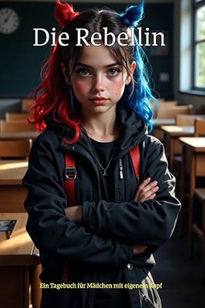 Cover vom Tagebuch Die Rebellin mit selbstbewusstem Mädchen im Klassenzimmer