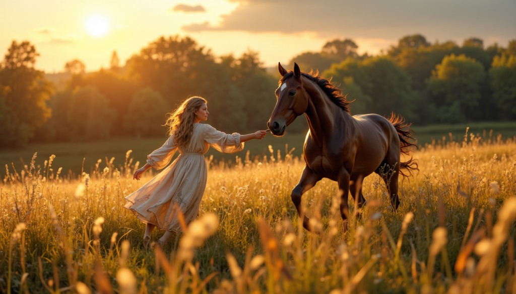 Mädchen führt ihr Pferd ruhig über eine Wiese und zeigt innere Stärke und Vertrauen