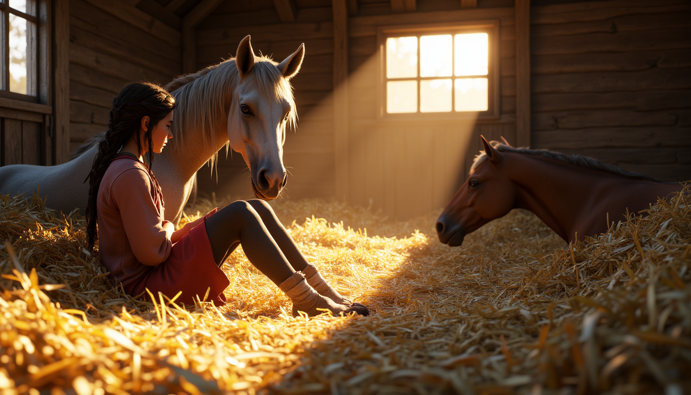 Pferde-Mädchen sitzt ruhig im Stall neben ihrem Pferd und findet innere Ruhe