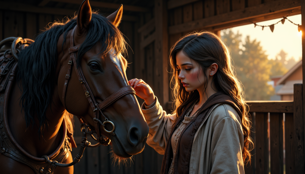 Nachdenkliches Mädchen steht neben einem aufmerksamen Pferd in einer ruhigen Stallszene Warum Pferde-Mädchen ihre Gefühle oft besser verstehen