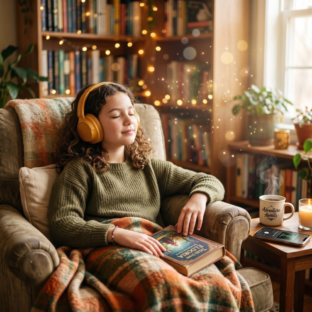Kind hört Hörbuch mit Kopfhörern – entspannte Hörbuchzeit für Kinder