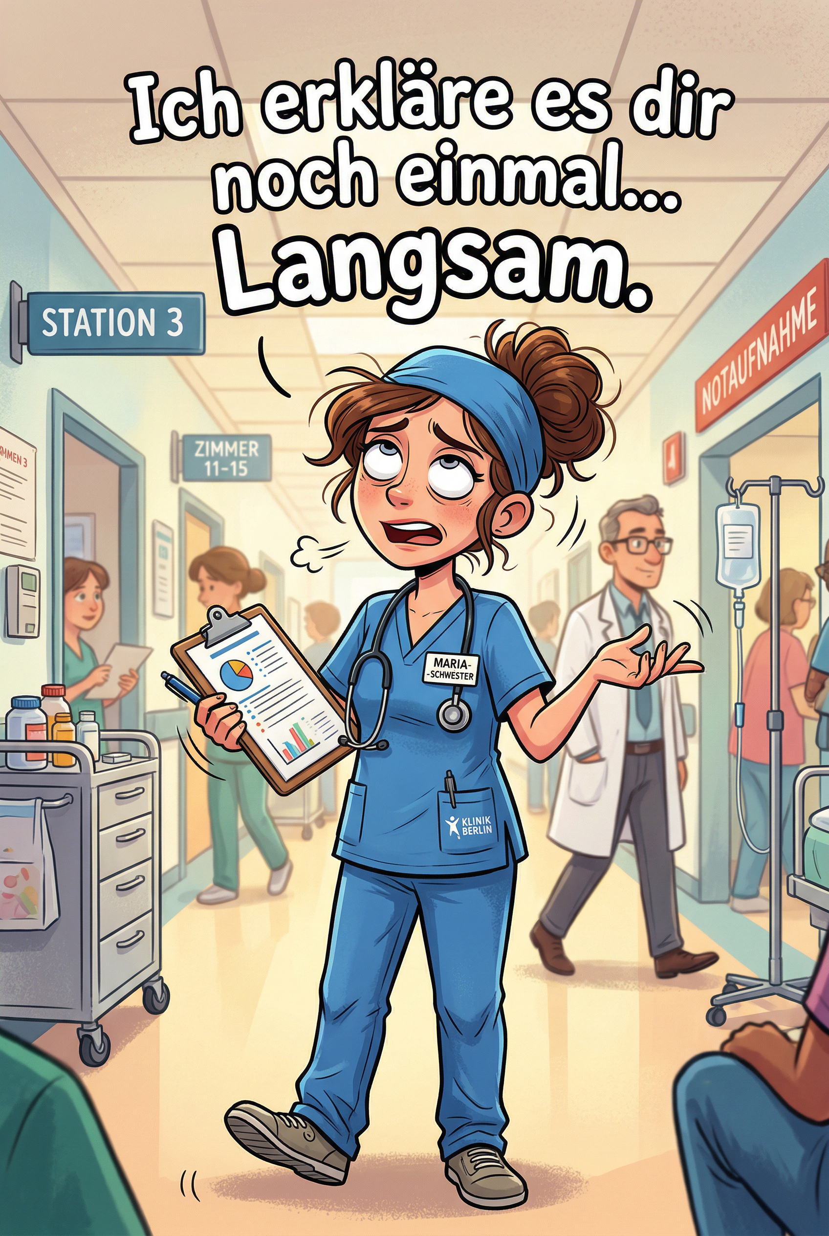 Krankenschwester erklärt geduldig etwas im Krankenhaus lustiger Spruch Alltag Pflege Humor Geschenk Idee