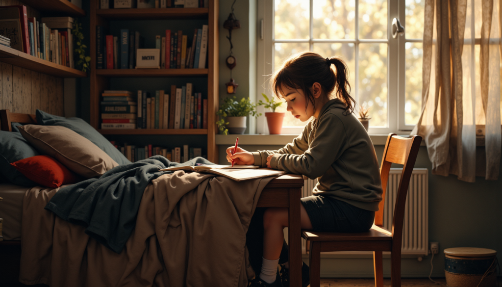 Mädchen sitzt alleine und schreibt nachdenklich in ein Tagebuch