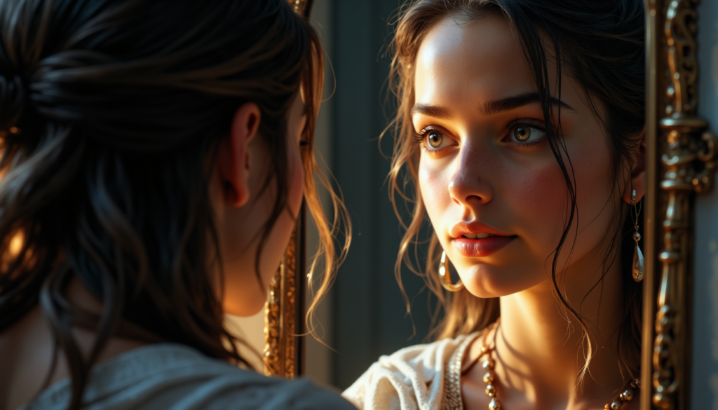 Mädchen schaut sich im Spiegel an und wirkt ruhig und selbstsicher
