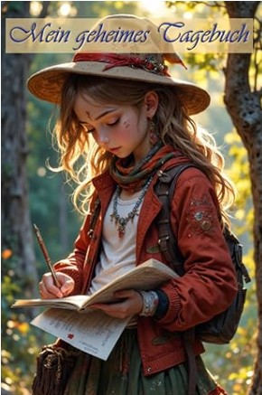 Cover vom geheimen Tagebuch mit schreibendem Mädchen im Wald