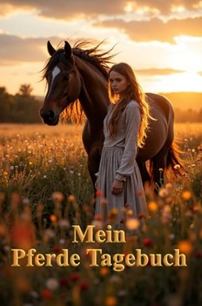 Cover vom geführten Pferde Tagebuch mit Mädchen und Pferd auf einer Wiese bei Sonnenuntergang
