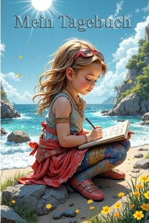 Cover vom geführten Tagebuch mit schreibendem Mädchen am Meer