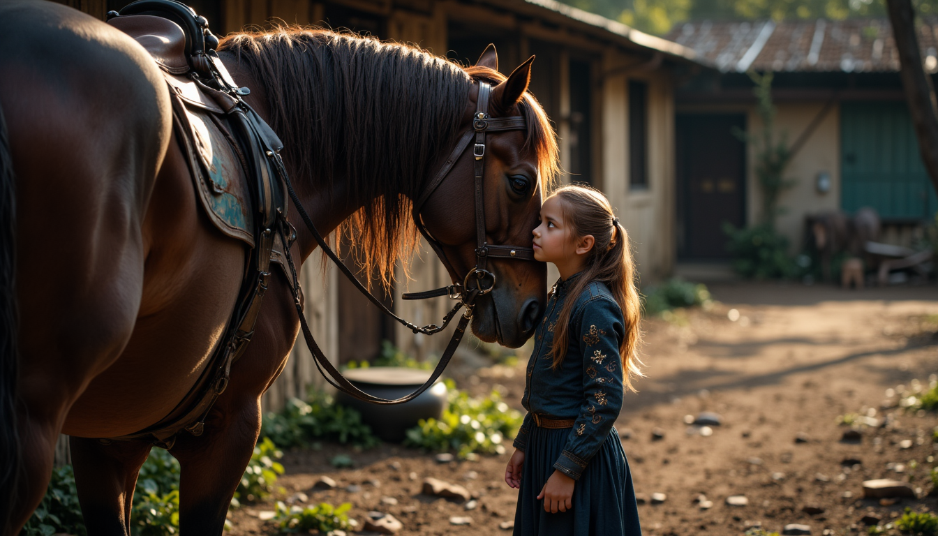 Junges Mädchen steht entschlossen neben einem Pferd und zeigt Mut trotz Unsicherheit