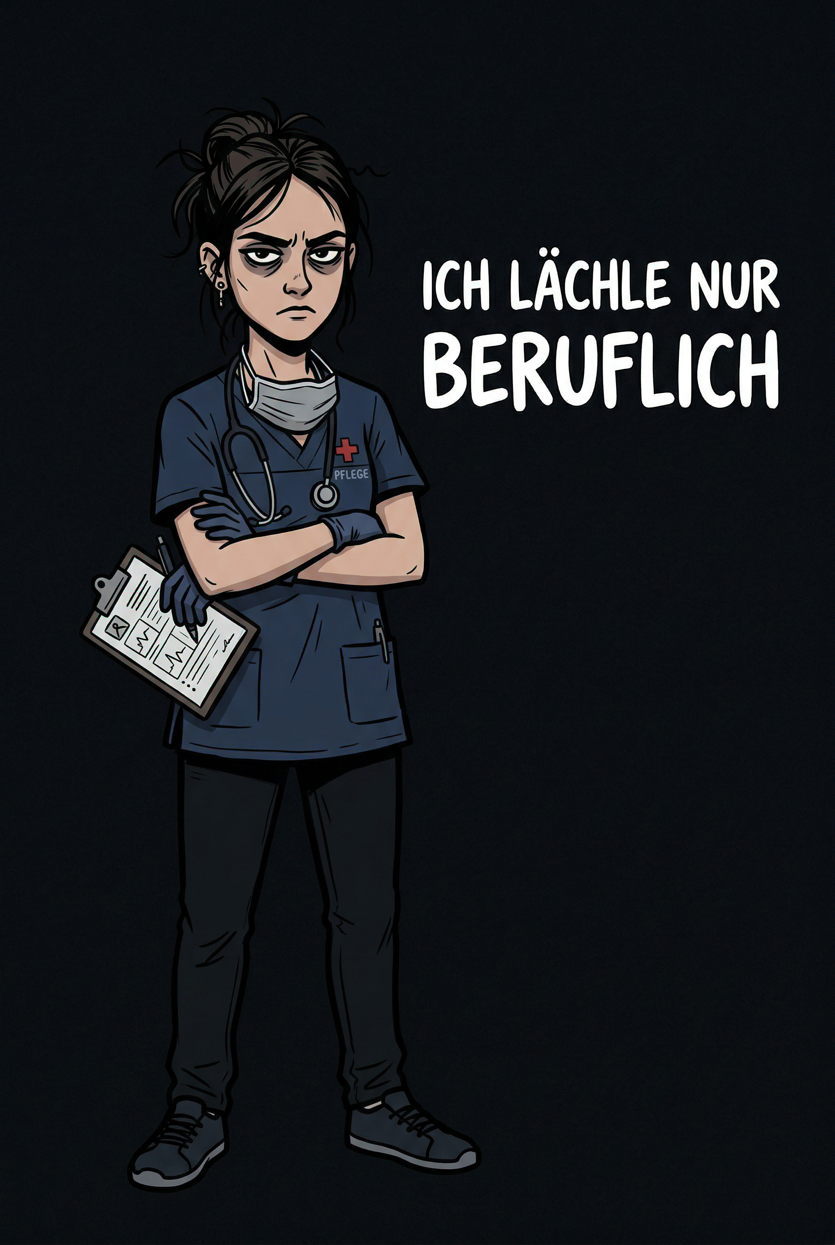 Krankenschwester mit ernster Mimik und Spruch ich lächle nur beruflich dunkler Humor Pflege Alltag Geschenk