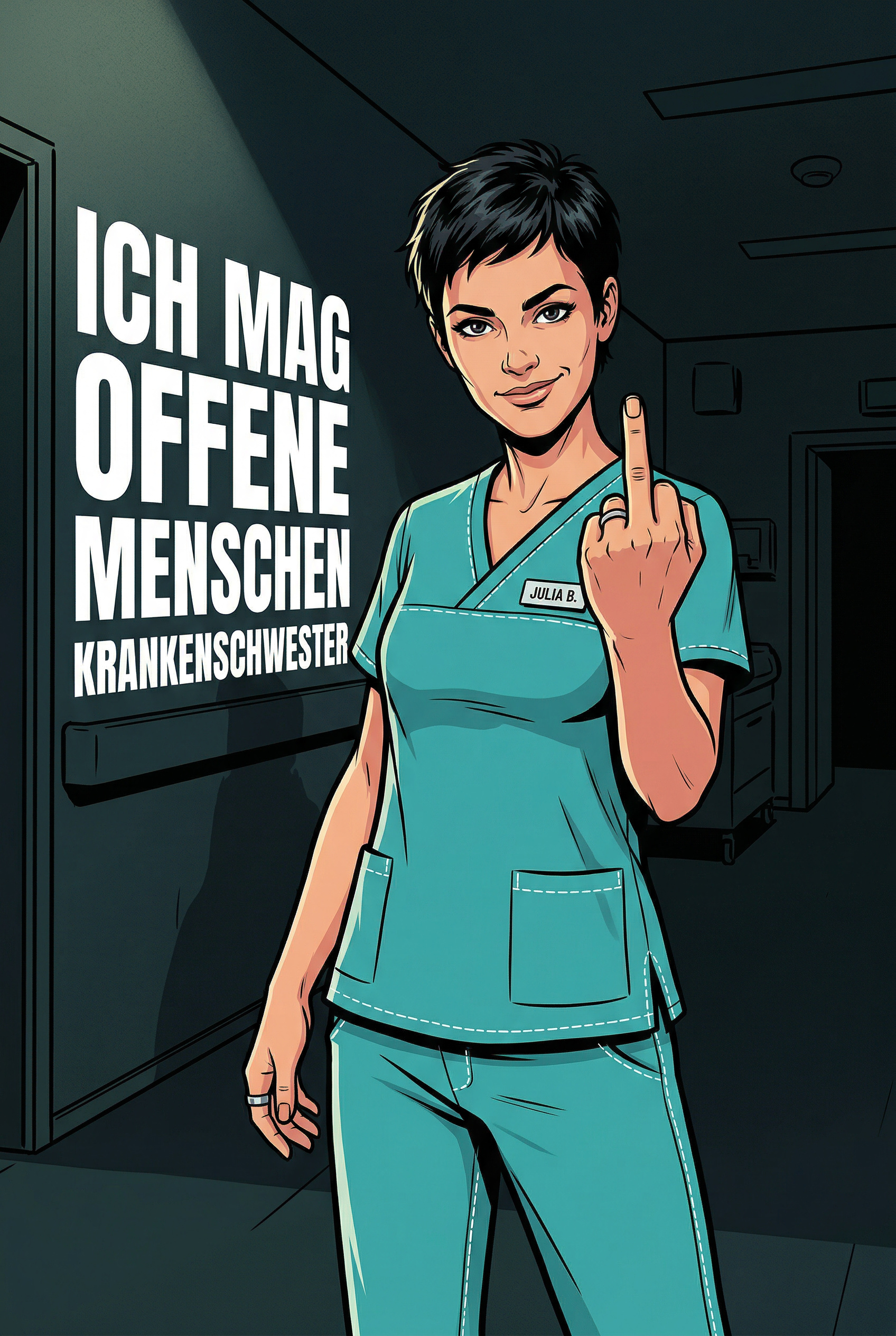 Krankenschwester mit selbstbewusstem Blick und frechem Spruch offene Menschen Humor Pflege Alltag Geschenk