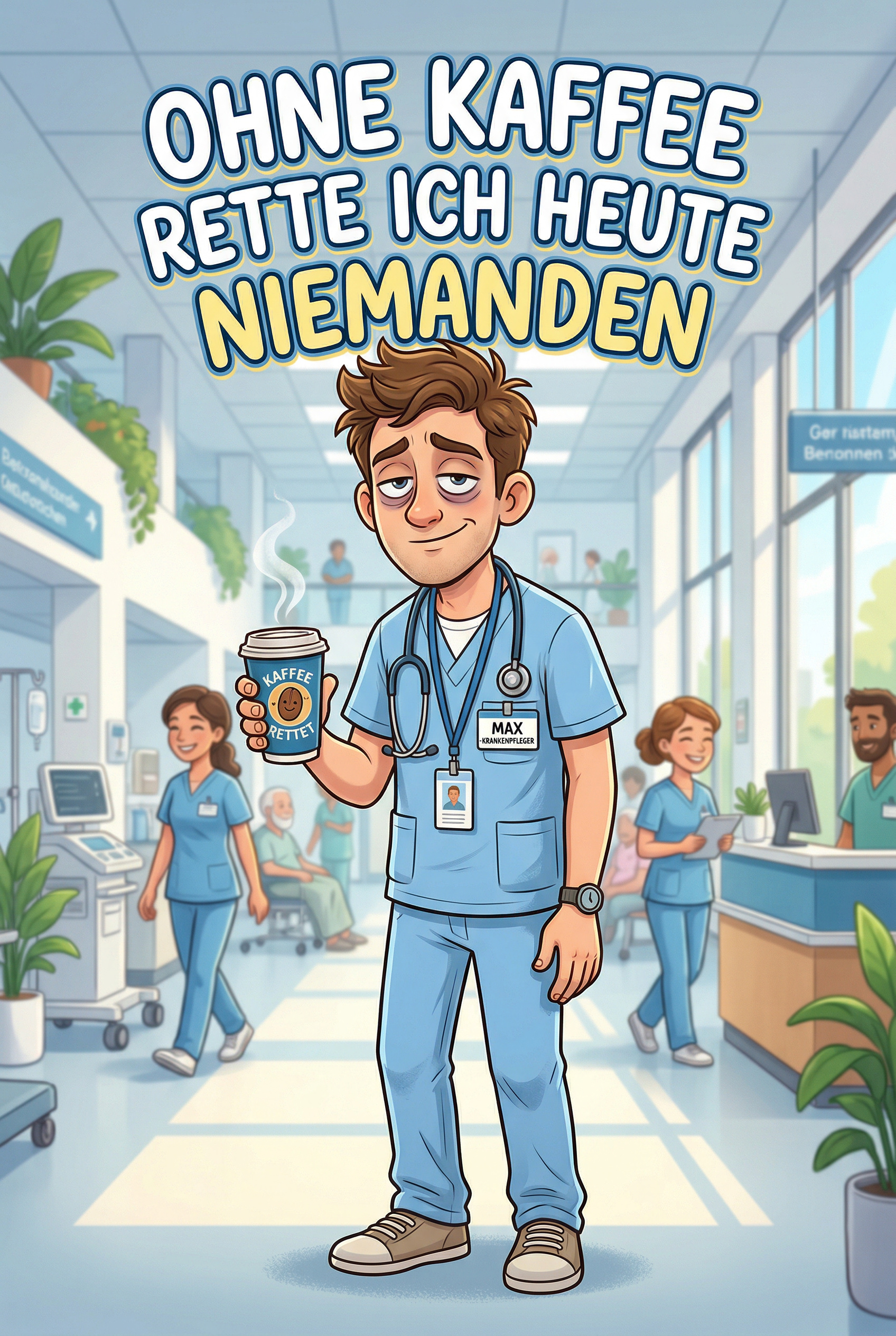 Krankenpfleger mit Kaffee im Krankenhaus lustiger Spruch ohne Kaffee rette ich heute niemanden Humor Alltag Geschenk