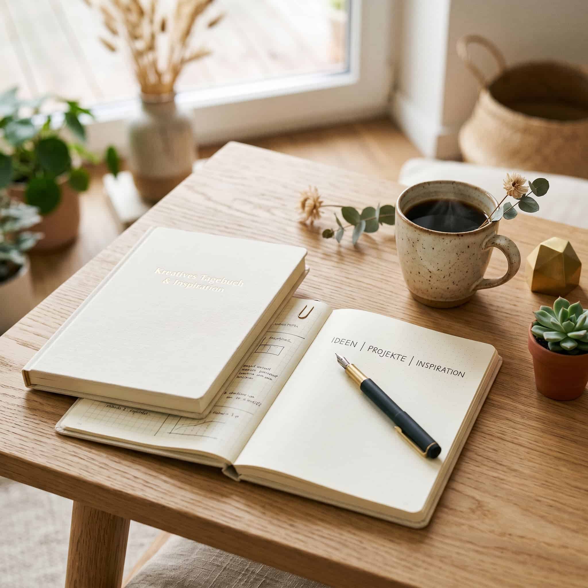 Notizbuch mit Stift auf Tisch – kreatives Schreiben und Ideen festhalten