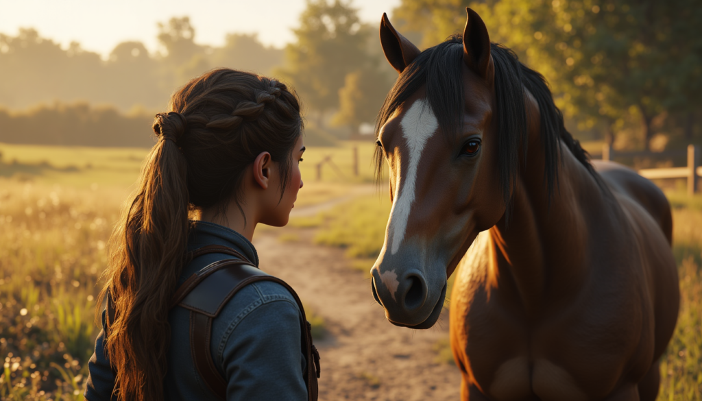 Mädchen und Pferd mit ruhigem Blickkontakt als Symbol für emotionale Verbindung