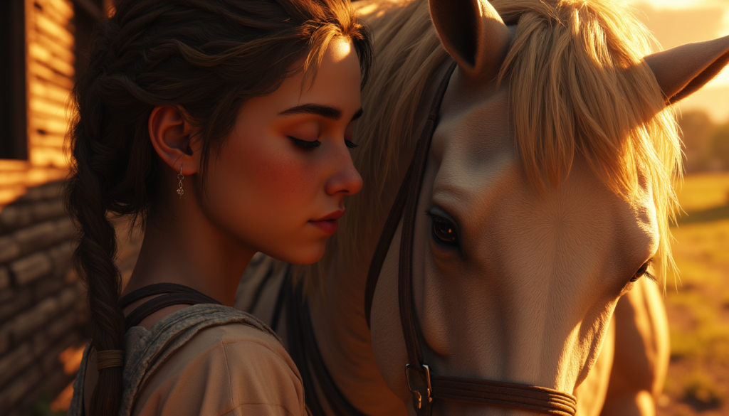 Mädchen umarmt ihr Pferd in einer emotionalen und vertrauensvollen Szene