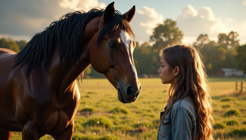 Mädchen und Pferd stehen sich ruhig gegenüber und zeigen eine feine emotionale Verbindung
