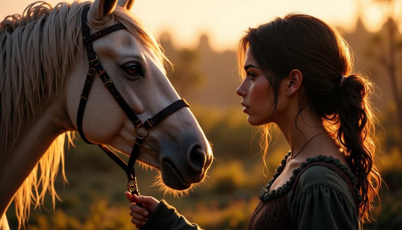 Pferde-Mädchen und Pferd schauen sich ruhig an und zeigen eine tiefe emotionale Verbindung durch Körpersprache