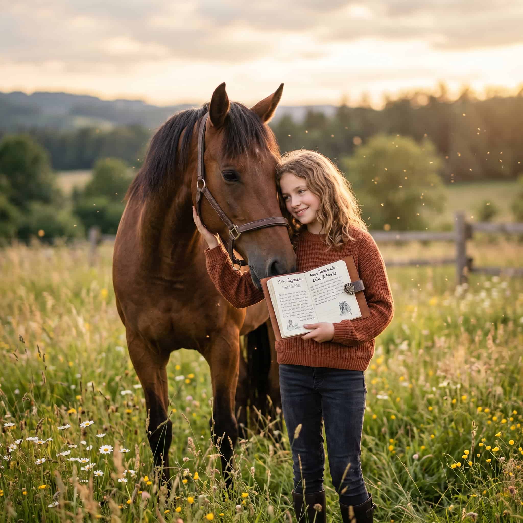 Mädchen mit Pferd schreibt in Tagebuch – Pferde Tagebuch für Kinder