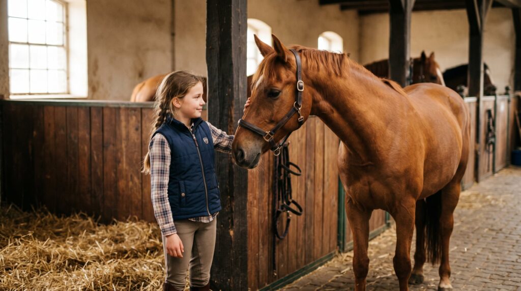 Mädchen baut Vertrauen zu Pferd auf im Stall Pferdebuch für Mädchen