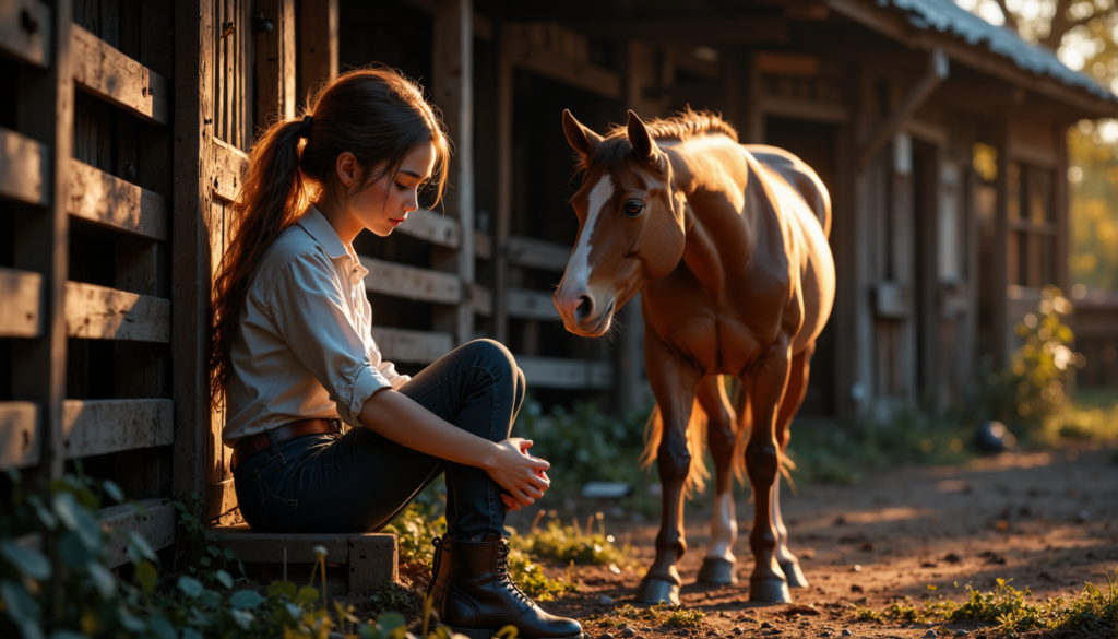 Pferde-Mädchen zeigt Mut trotz Angst neben ihrem Pferd vor dem Reiten