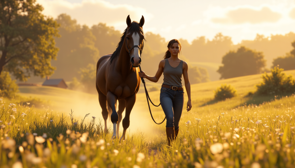 Selbstbewusstes Mädchen führt ein Pferd über eine Wiese