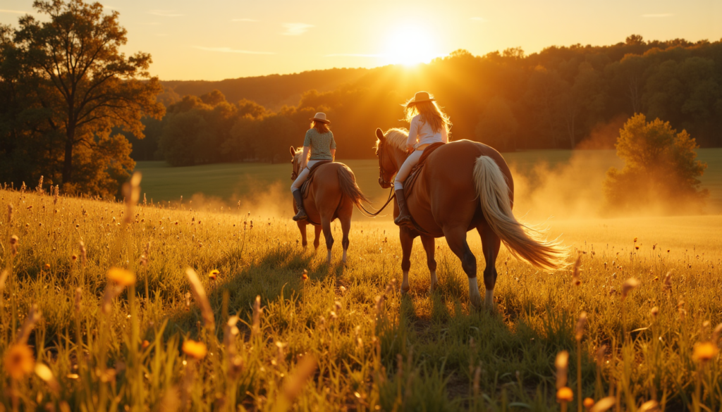 Selbstbewusstes Pferde-Mädchen führt ihr Pferd über eine Wiese und strahlt Ruhe, Stärke und Vertrauen aus