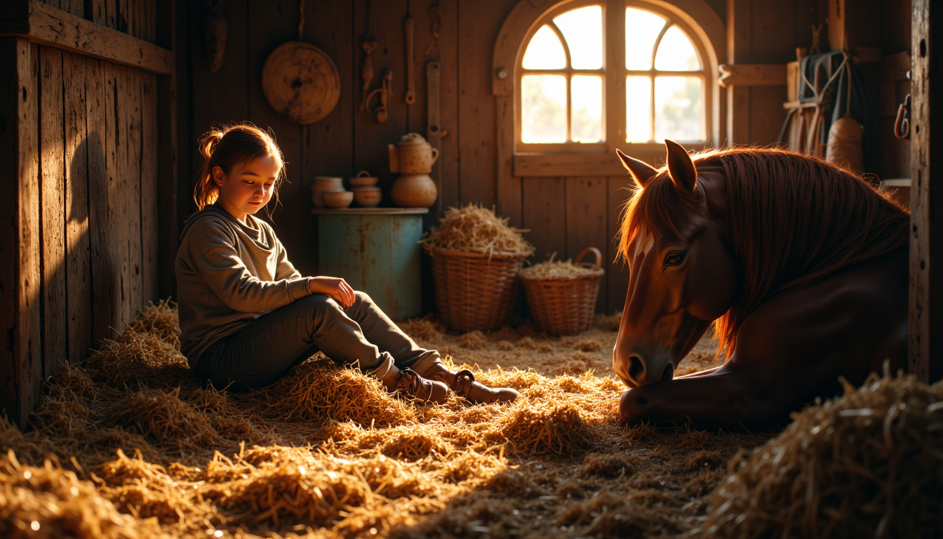 Mädchen sitzt entspannt neben ihrem Pferd im Stall und erlebt einen ruhigen, geschützten Moment