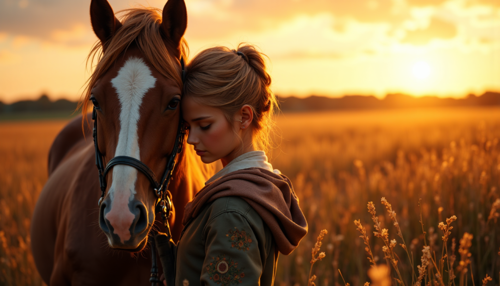 Ruhiges Mädchen lehnt sich in einer stillen Abendstimmung vertrauensvoll an ihr Pferd