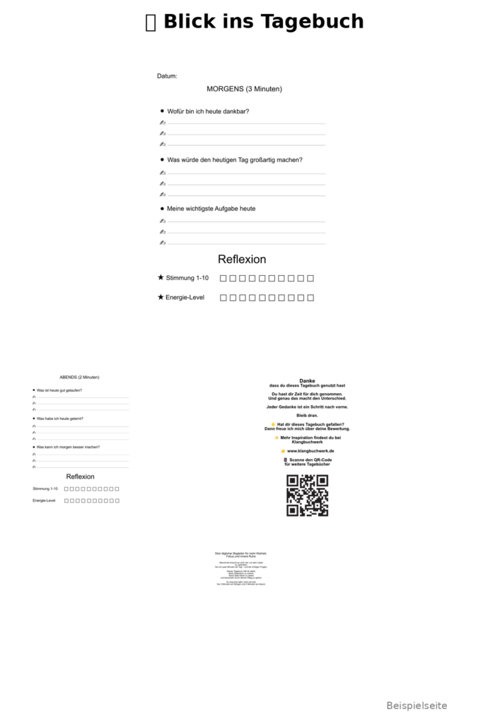 Dieses geführte Tagebuch bietet dir strukturierte Seiten für Morgen- und Abendroutine sowie Reflexion. Perfekt, um Gedanken zu ordnen und den Alltag bewusster zu gestalten.