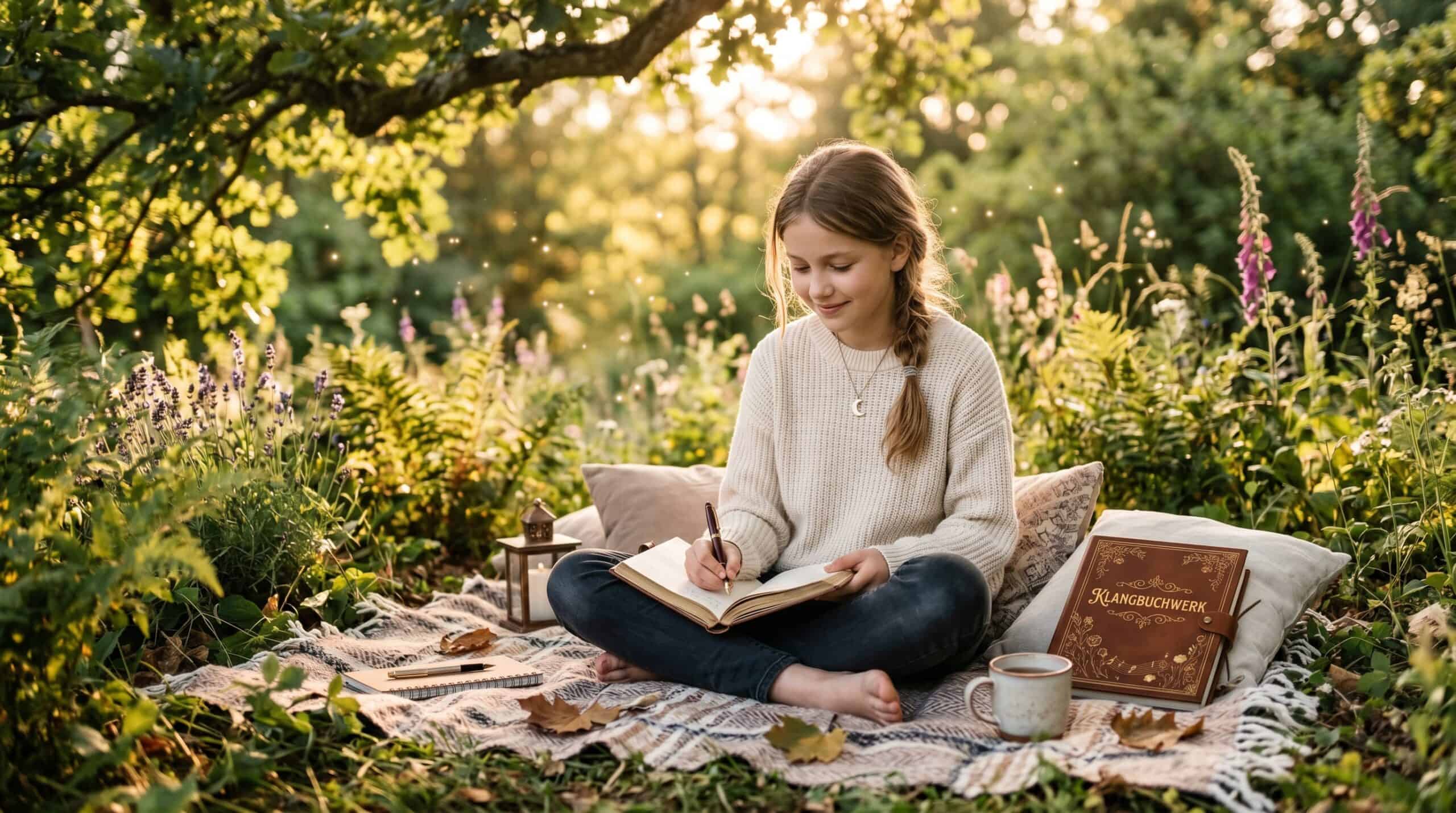 Mädchen schreibt in Tagebuch in der Natur – kreatives Tagebuch für Kinder