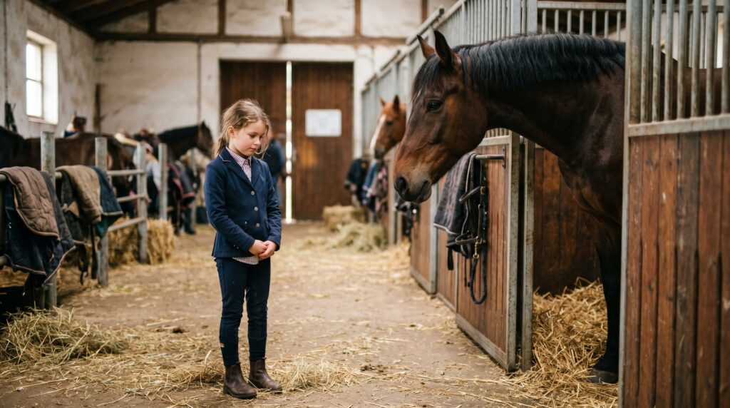 Mädchen unsicher vor Pferd im Stall lernen Vertrauen aufzubauen