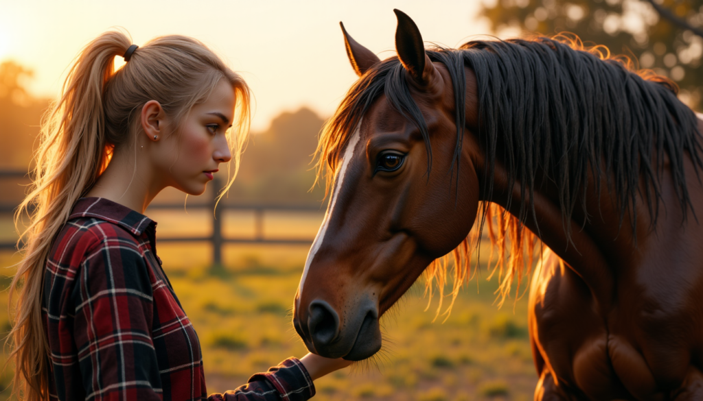 Pferde-Mädchen steht mutig neben ihrem Pferd auf einer Wiese im warmen Morgenlicht