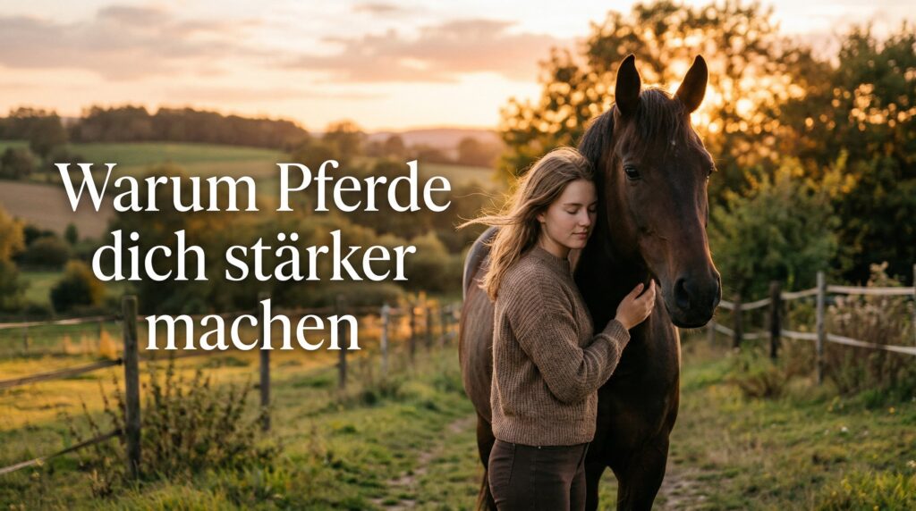 Emotionales Beitragsbild mit Pferde-Mädchen und Pferd bei Sonnenuntergang mit dem Text Warum Pferde dich stärker machen