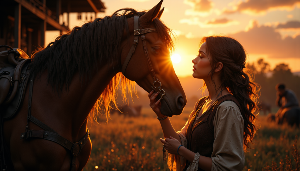 Pferde-Mädchen steht ruhig neben ihrem Pferd in einer emotionalen Abendstimmung voller Vertrauen