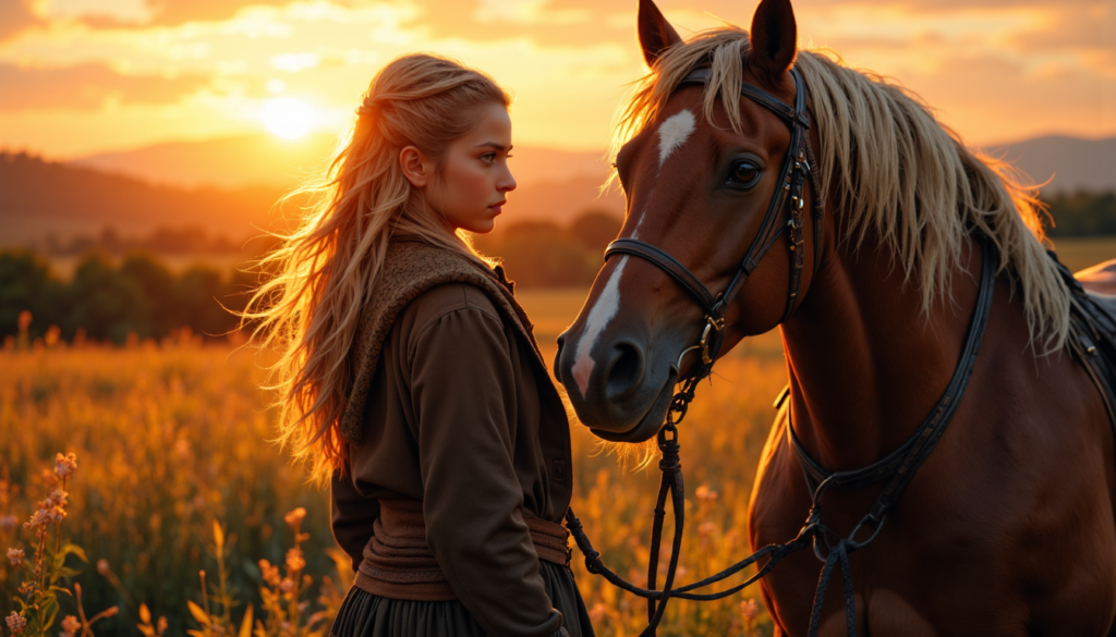Pferde-Mädchen steht mutig neben ihrem Pferd auf einer Wiese im warmen Morgenlicht