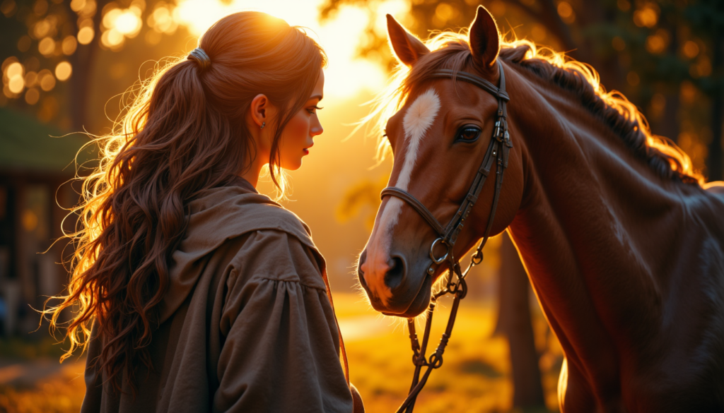 Pferde-Mädchen steht eng neben ihrem Pferd in warmer Abendstimmung und zeigt Vertrauen und tiefe Verbundenheit
